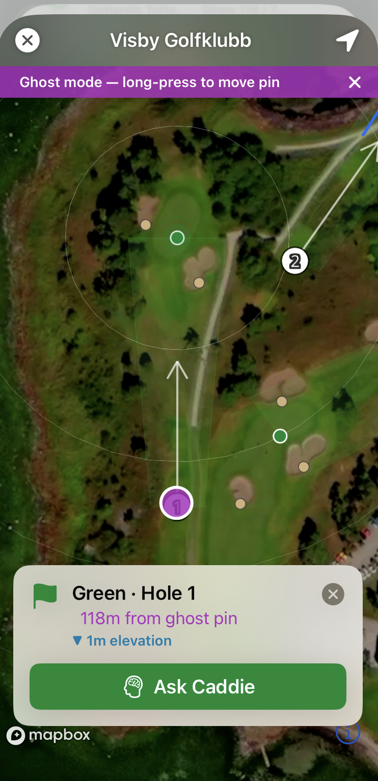 Looper course map showing ghost pin mode with tap-to-carry on a bunker